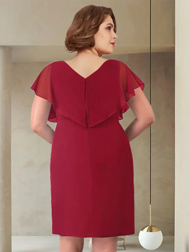 Wholesale Mother of the Bride Dress Elegant V Neck Knee Length Chiffon Short Sleeve with Ruching